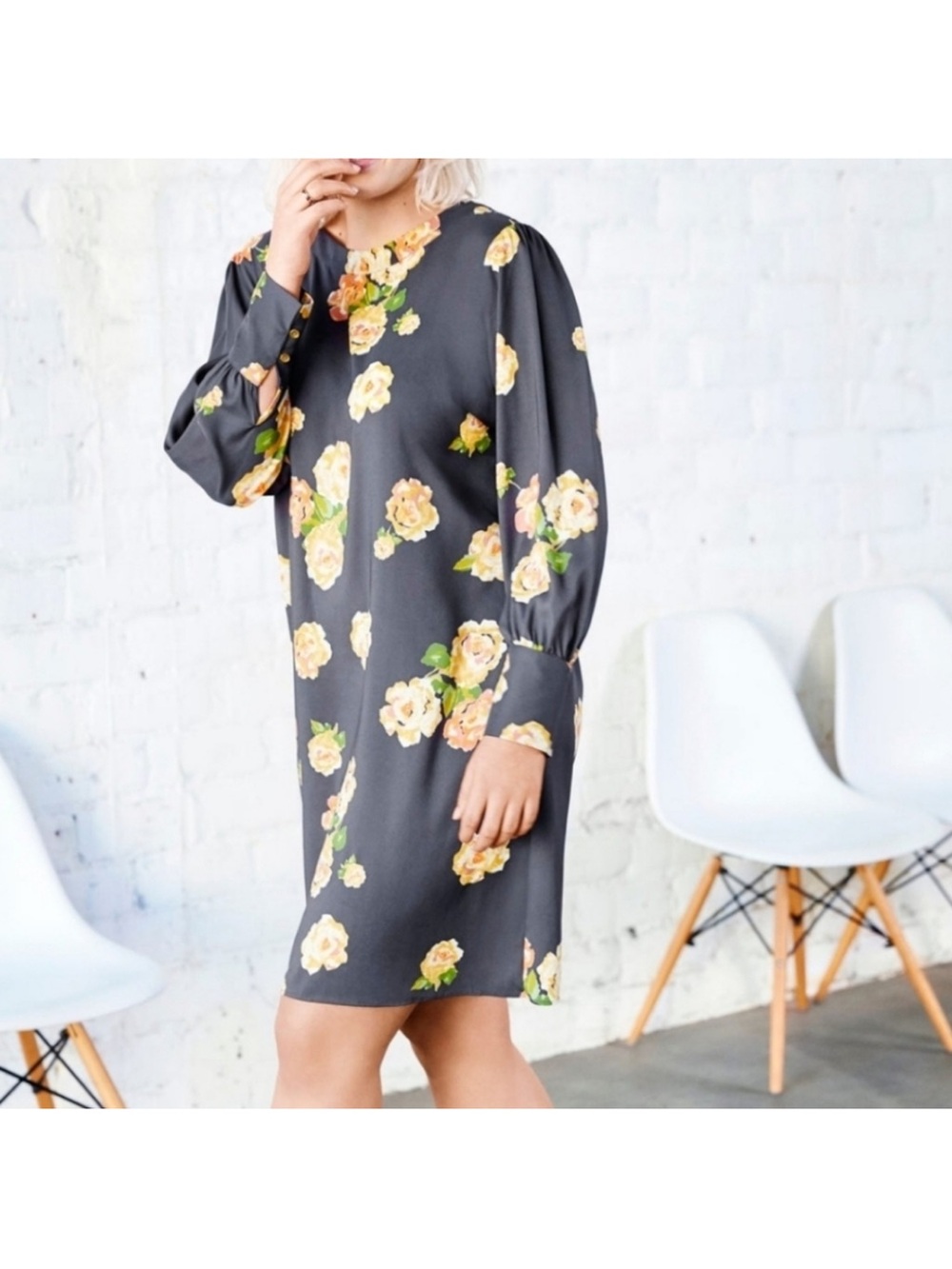 Cottagecore Boho Floral Fall Long-Sleeve Shift Dress in Charcoal w/Yellow Roses
